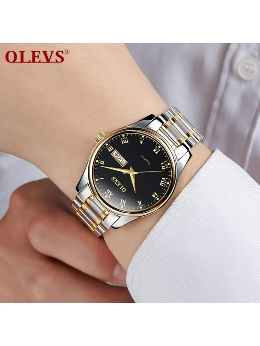 Mens Silver Black Stainless Steel Luminous Quartz Waterproof Round Classic Watch